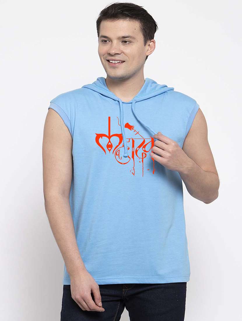 men hood neck chest printed t-shirt