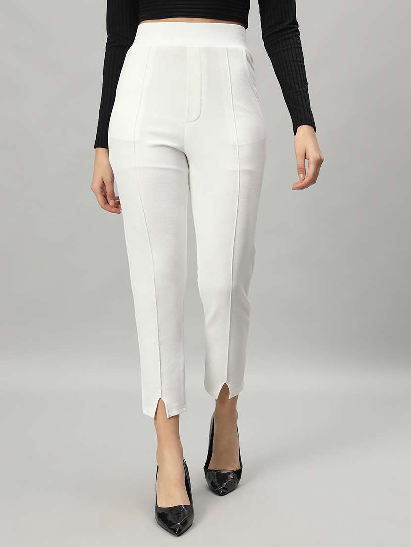 women solid white pleated trouser