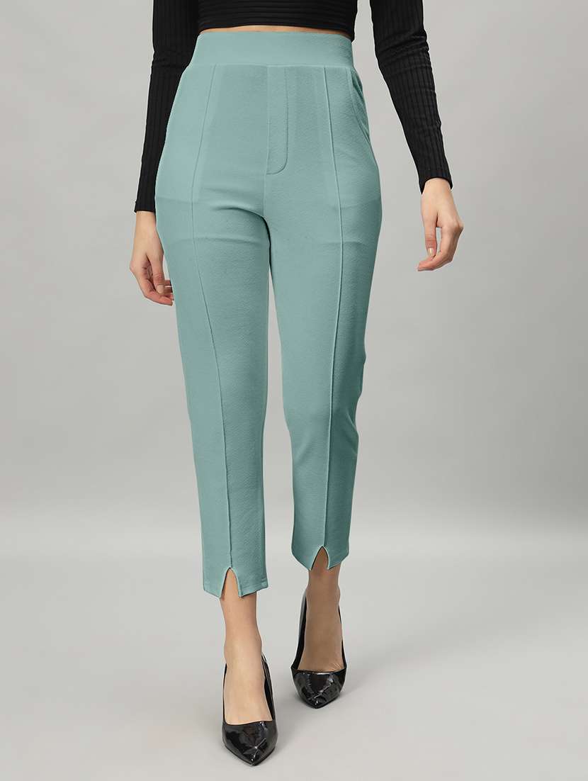 women solid green pleated trouser