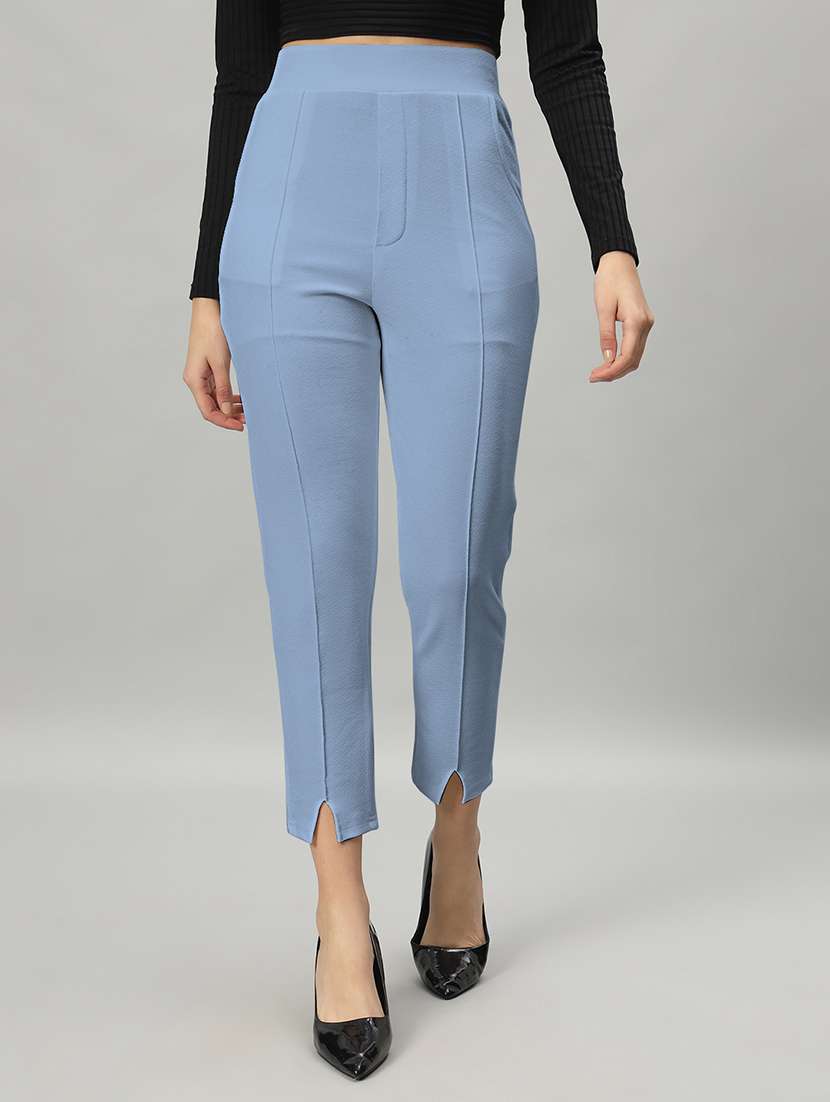 women solid light blue pleated trouser
