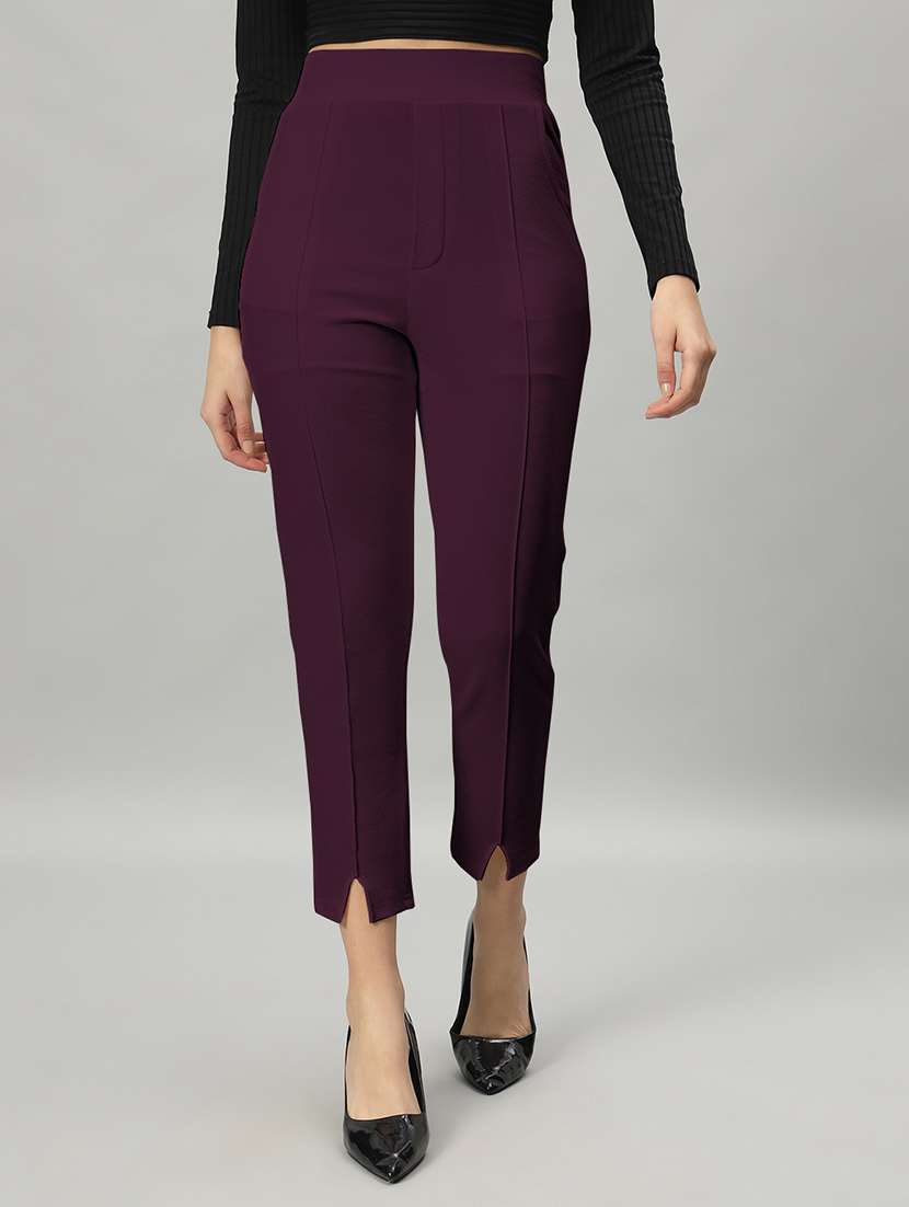 women solid purple pleated trouser