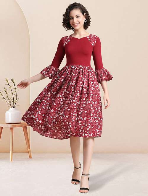 women maroon floral printed fit & flare dress - 20969682 -  Standard Image - 0