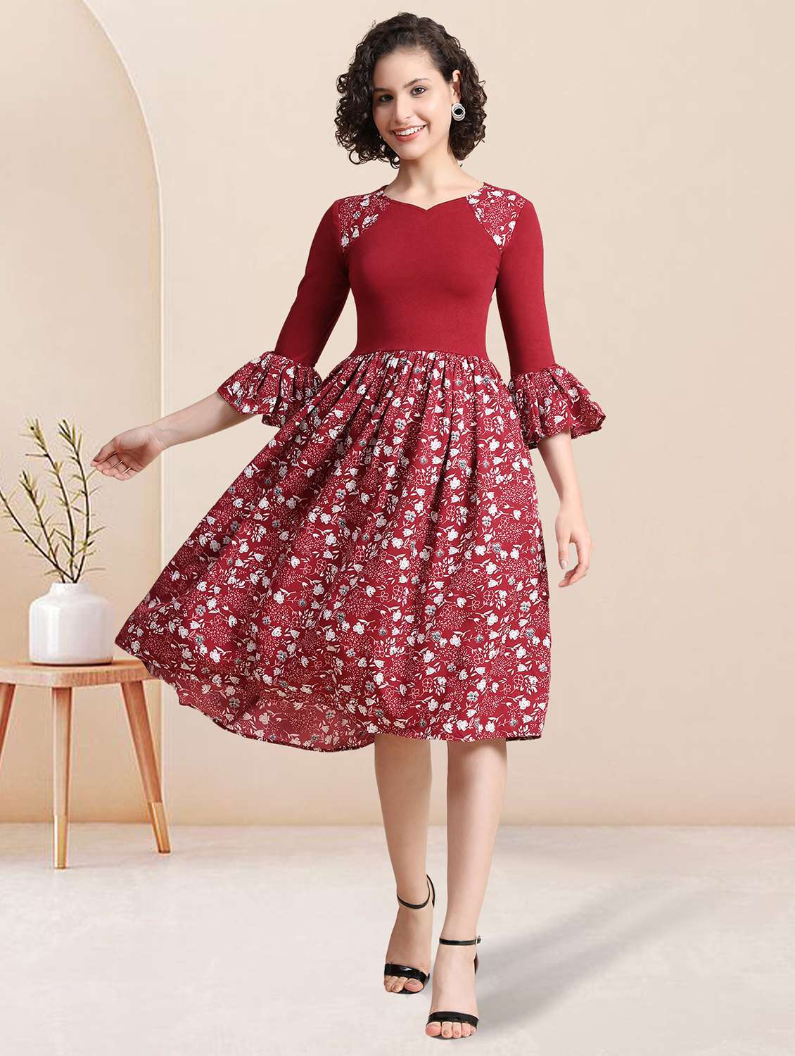 women maroon floral printed fit & flare dress