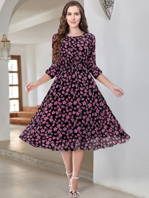 black floral printed fit & flare dress - 20969692 - Standard Image - 0