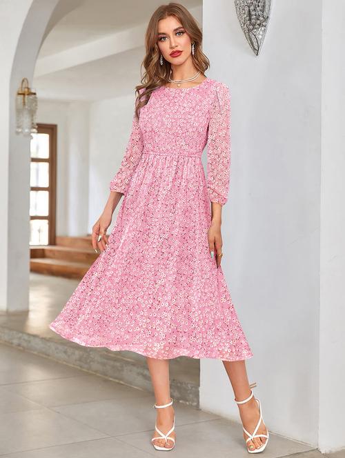 women pink floral printed fit & flare dress - 20969698 - Standard Image - 0