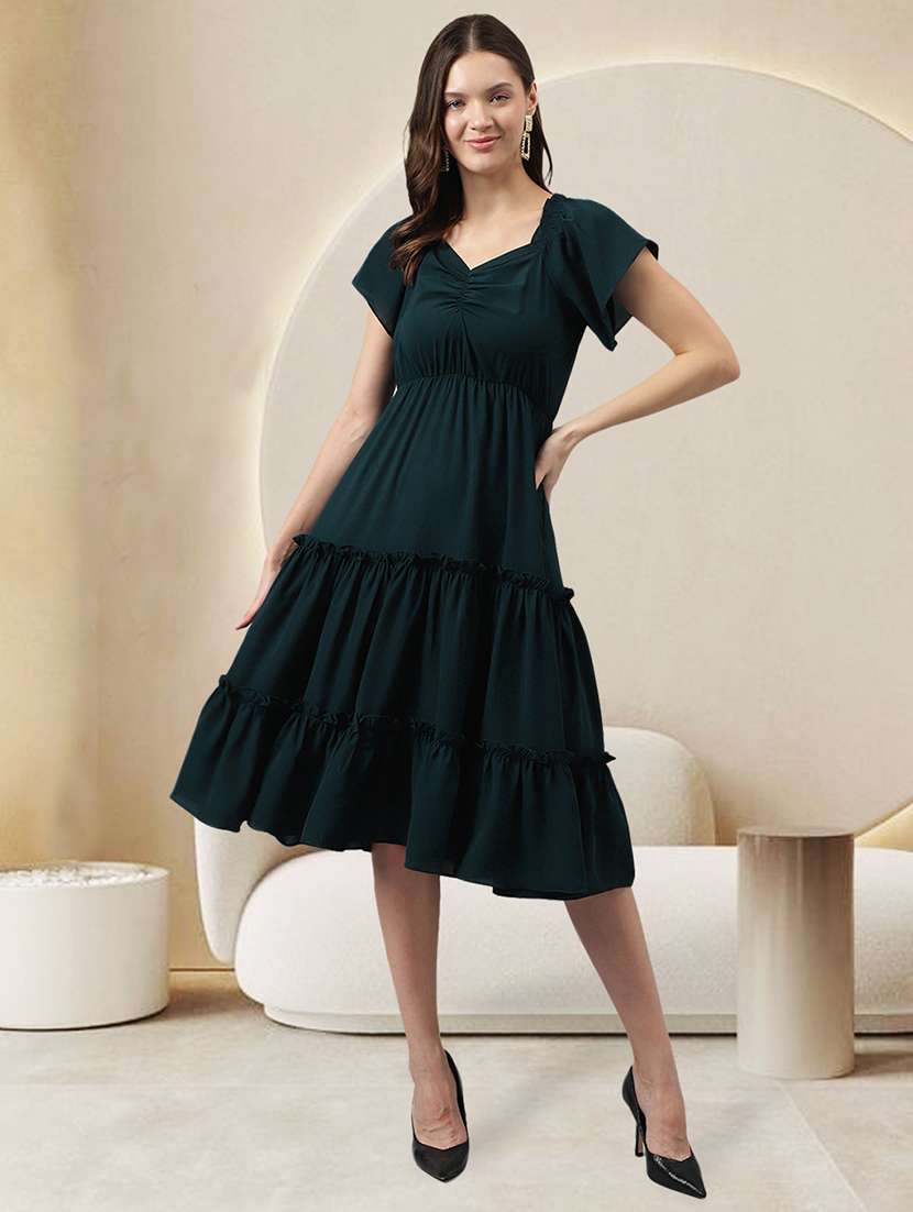 women bottle green solid tiered dress