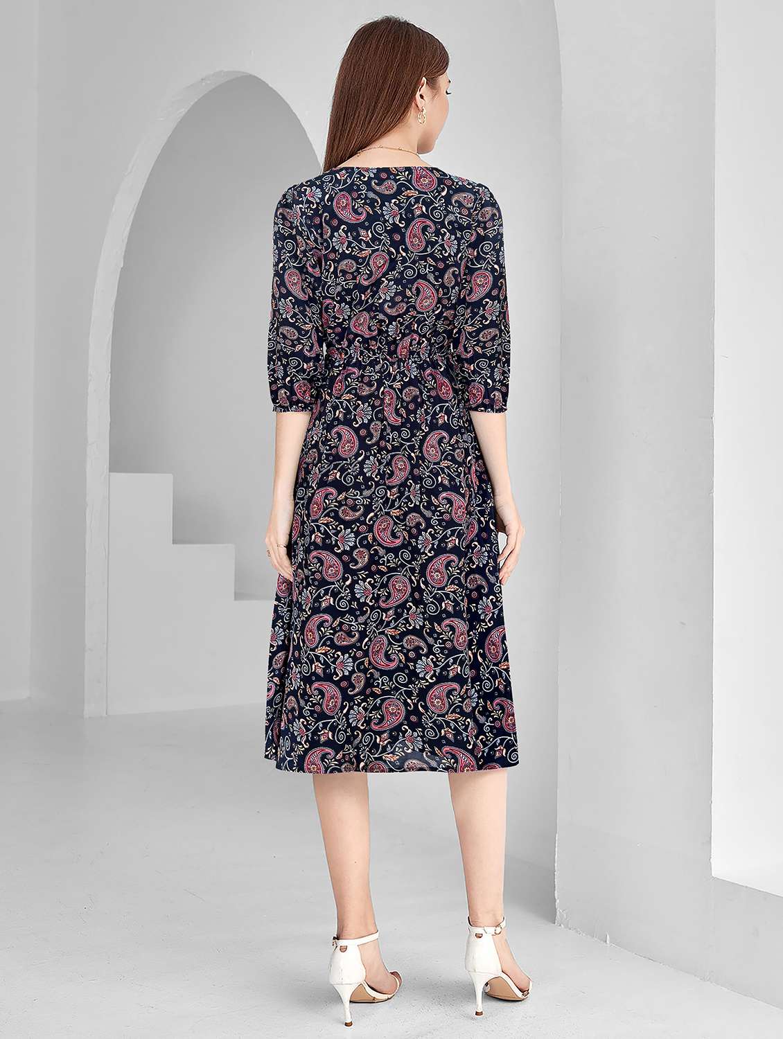 women navy blue paisley printed fit & flare dress - 20969714 -  Standard Image - 2