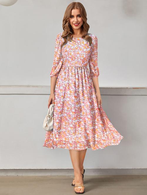 women round neck floral printed fit & flare dress - 20969715 -  Standard Image - 0