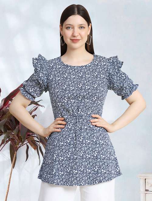 women navy blue floral printed a-line top - 20969733 -  Standard Image - 0