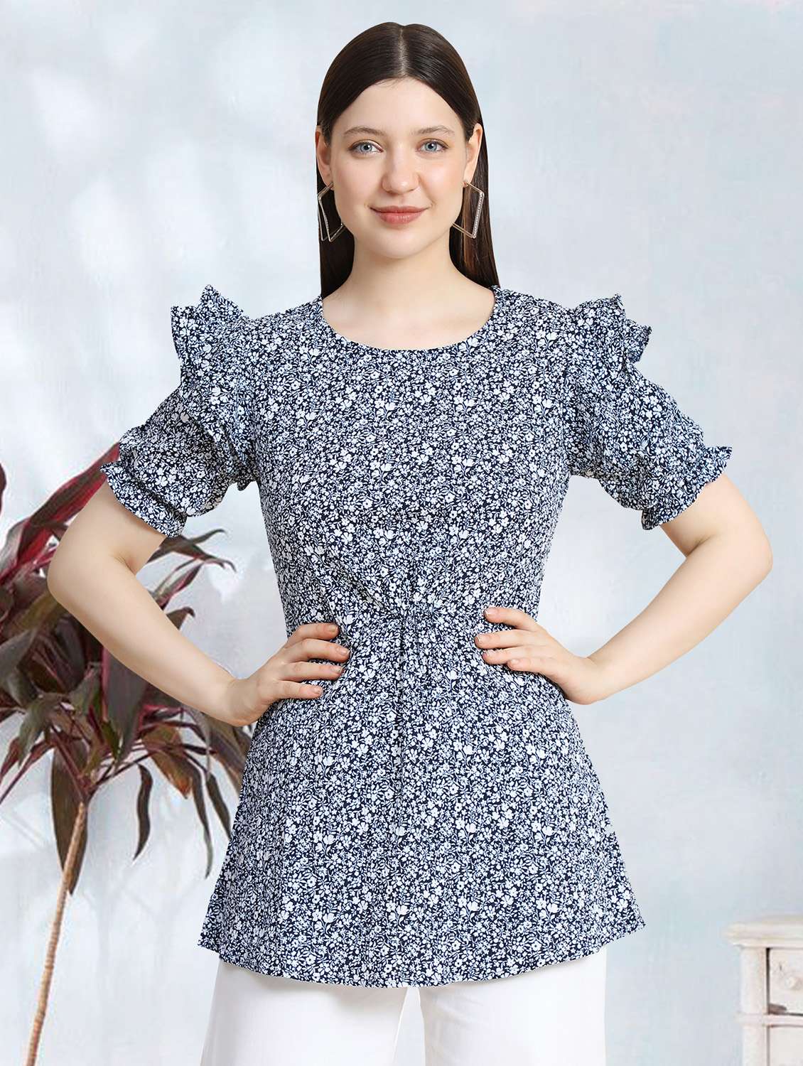 women navy blue floral printed a-line top