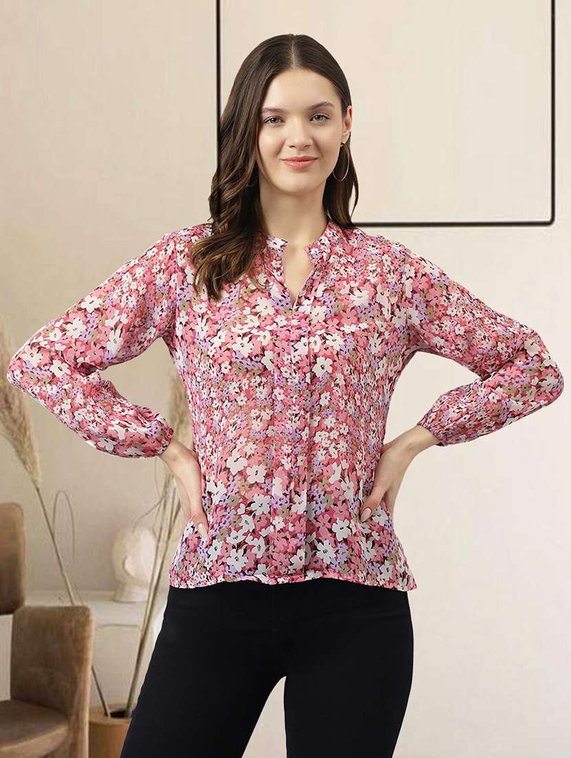women mandarin neck floral printed straight top
