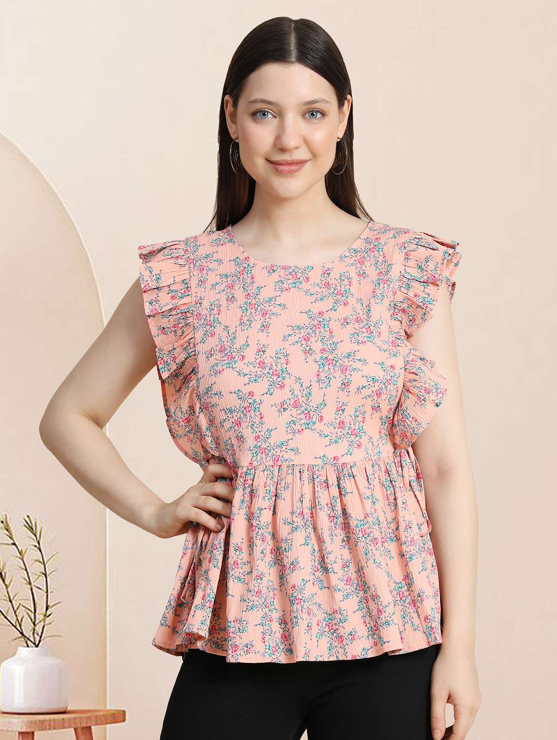 women peach floral printed peplum top