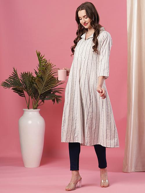 off white striped a-line kurta - 20969788 - Standard Image - 0