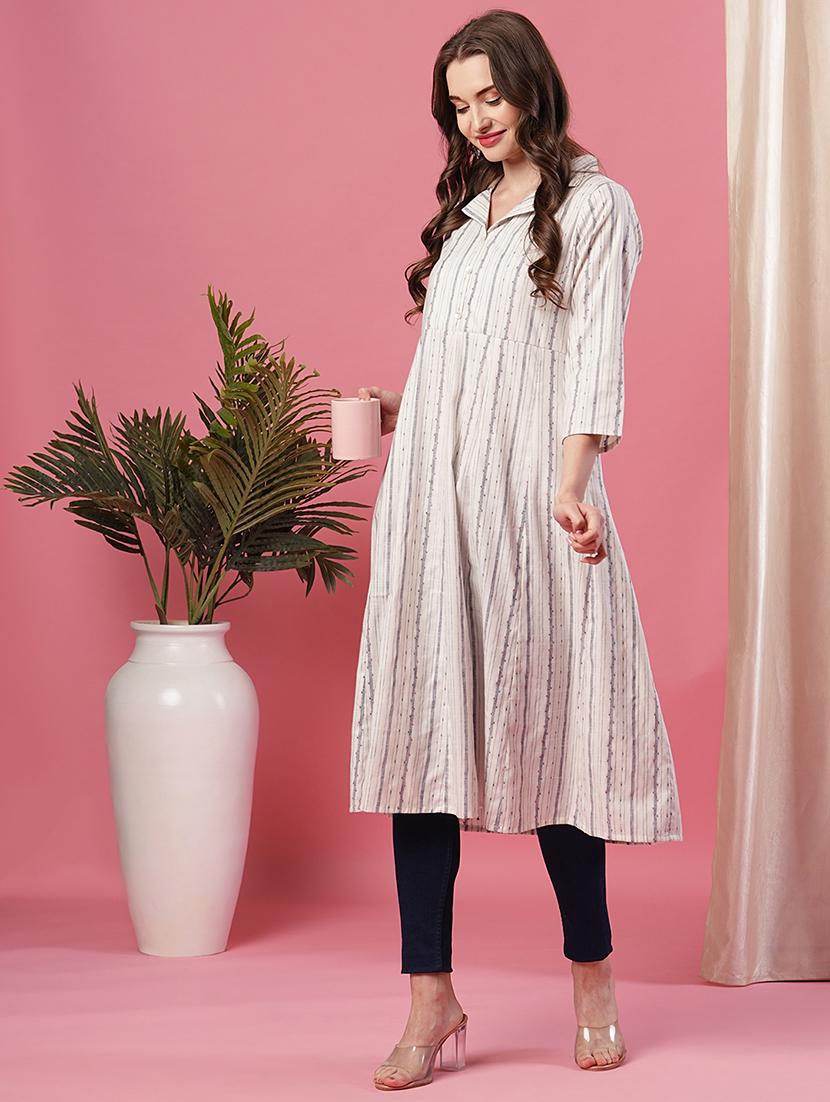 off white striped a-line kurta - 20969788 - Zoom Image - 0