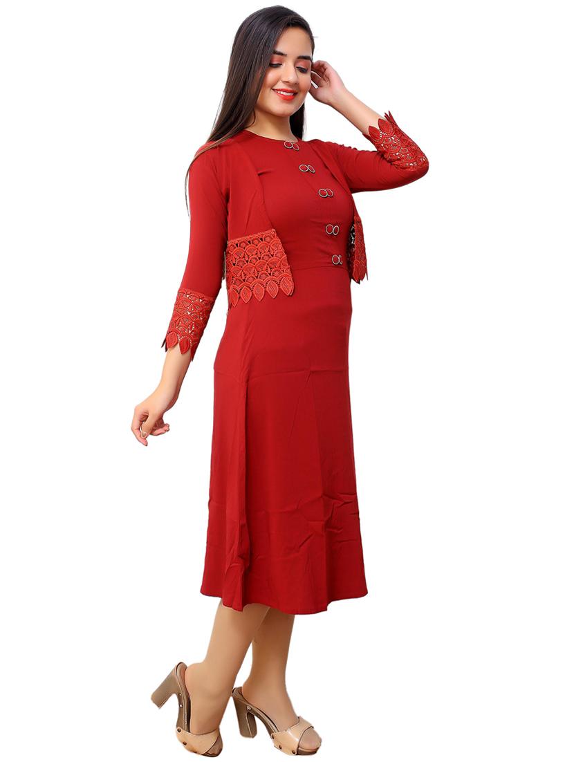 maroon detailed a-line dress with jacket - 20969931 - Standard Image - 2