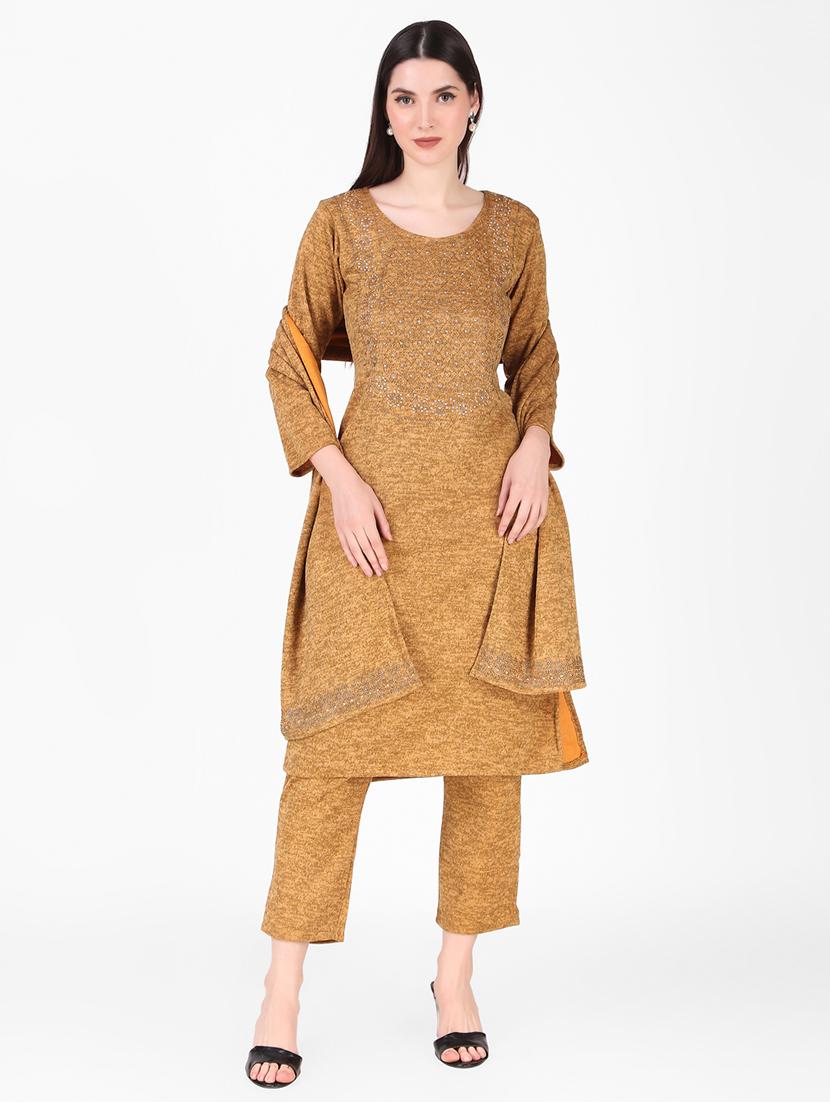 mustard swarovski detailed woollen suit set - 20970055 - Zoom Image - 0