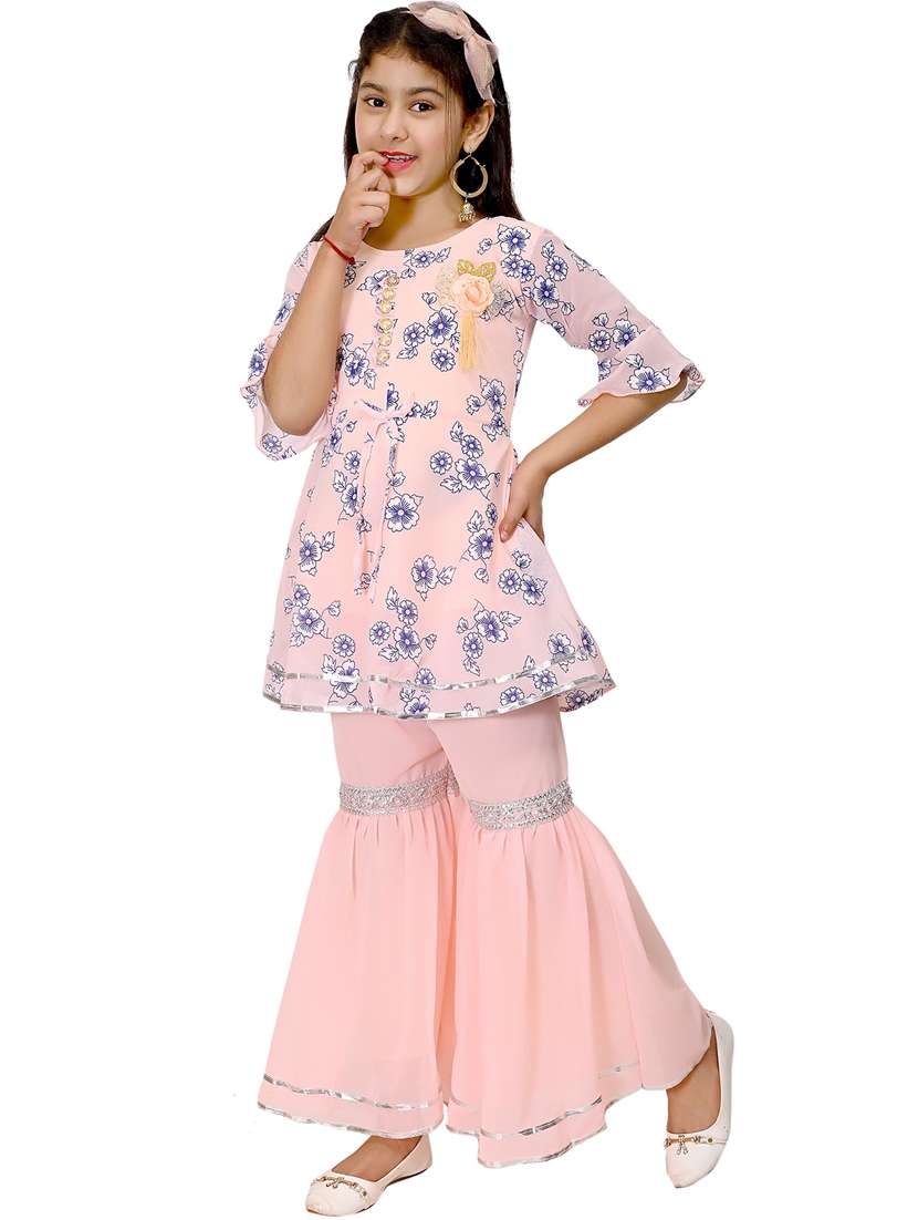 girls floral print georgette kurta sharara suit set - 20970078 -  Standard Image - 2