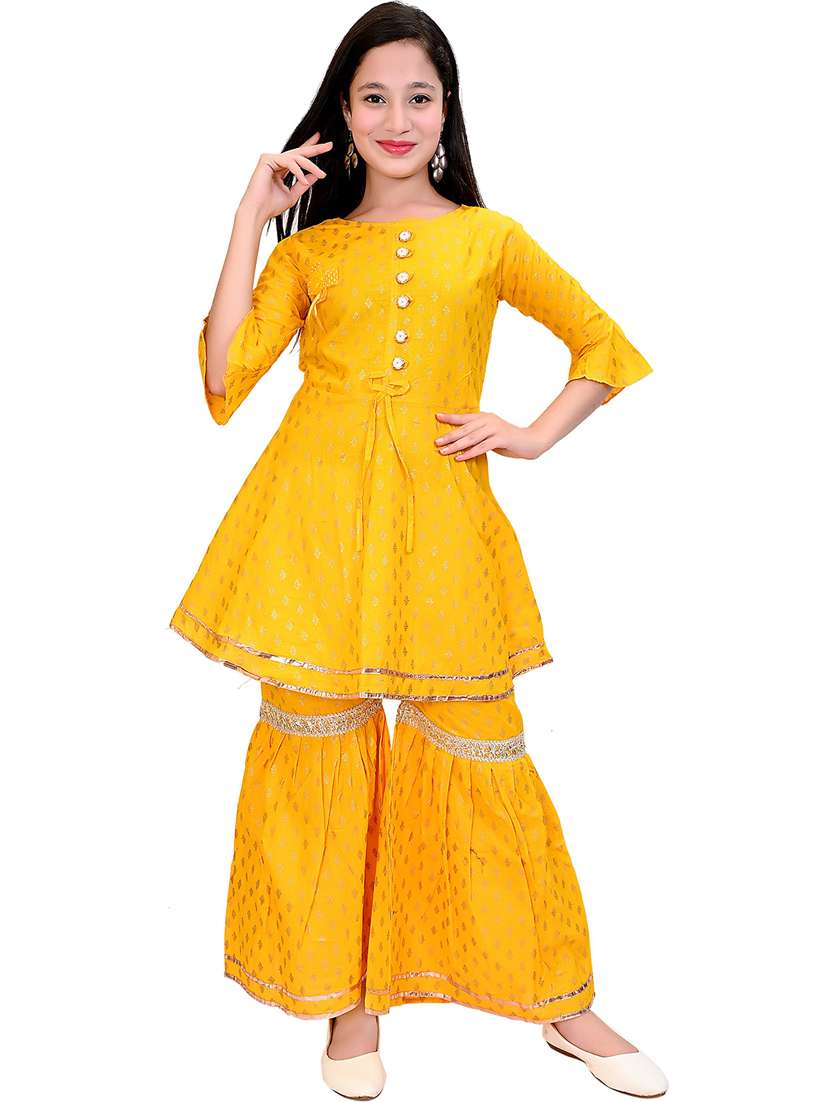 girls self design kurta sharara suit set