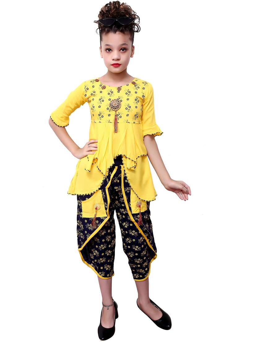 yellow floral print cotton kurta dhoti salwar