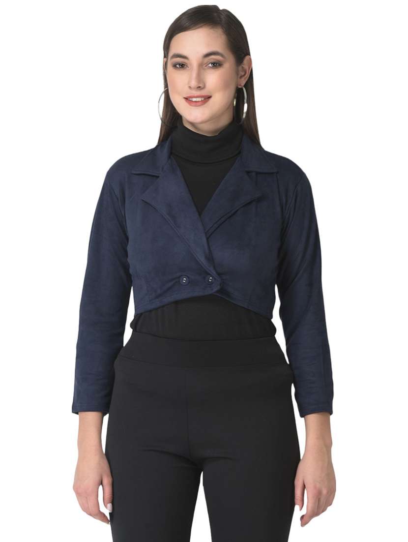 solid navy blue velvet crop jacket - 20970362 -  Zoom Image - 0