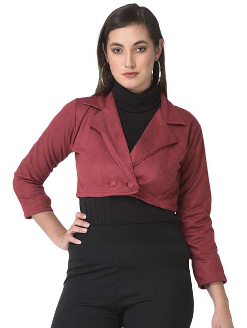 solid maroon velvet crop jacket - 20970365 - Standard Image - 0
