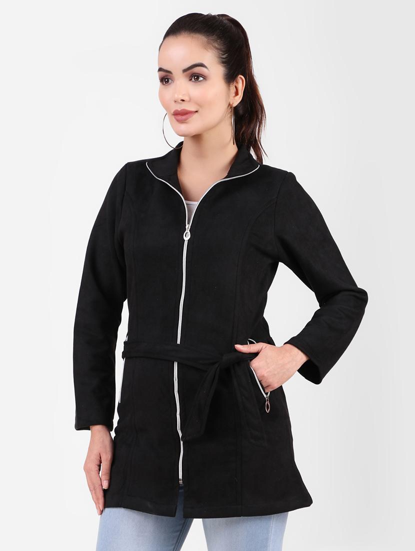 solid black fleece casual jacket - 20970371 - Standard Image - 2