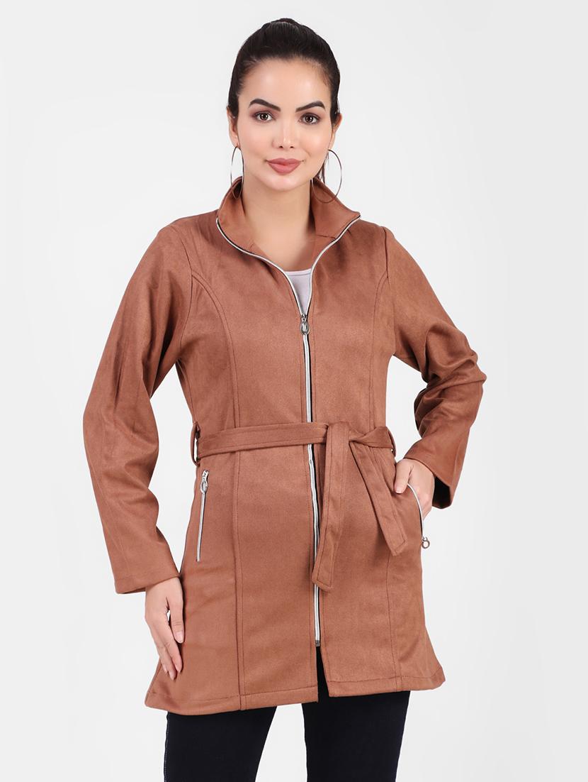 solid brown fleece casual jacket - 20970377 -  Zoom Image - 0
