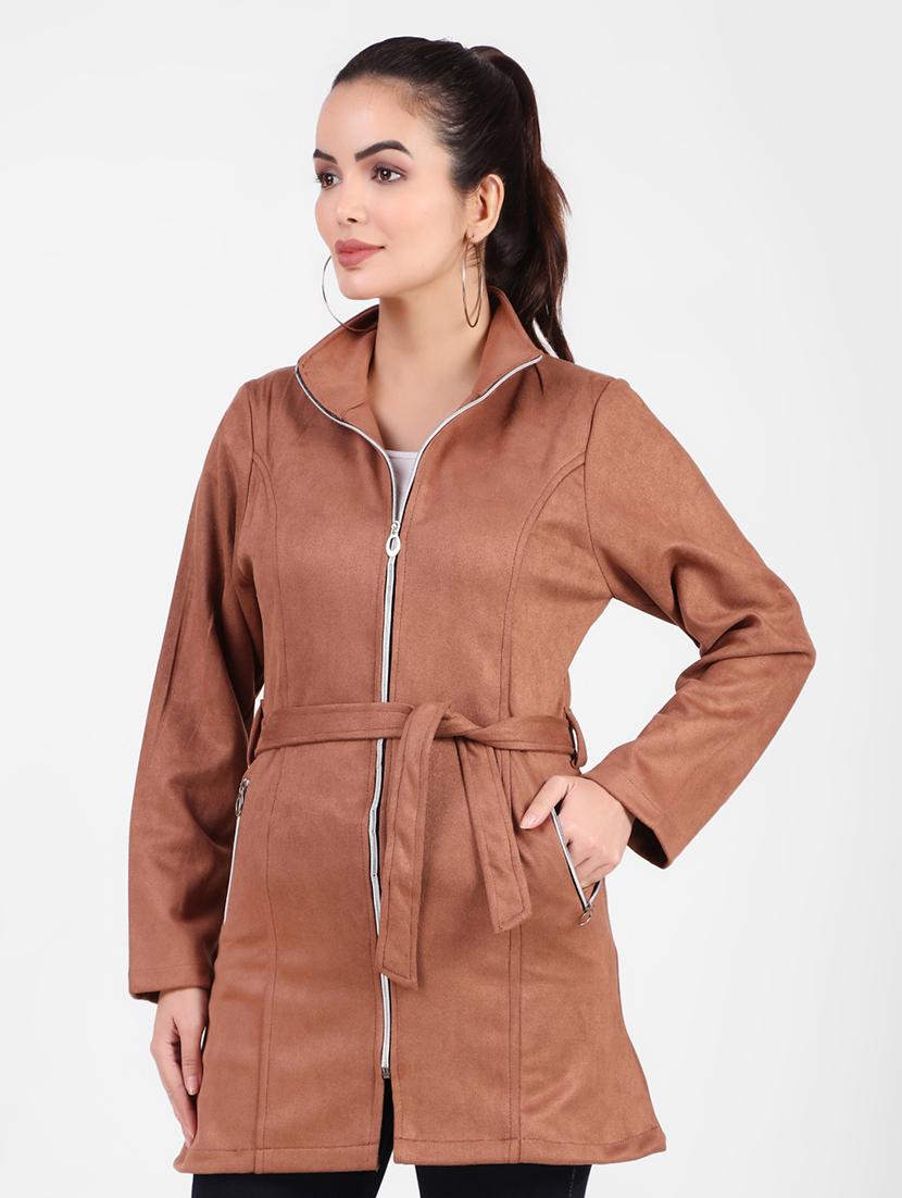 solid brown fleece casual jacket - 20970377 - Standard Image - 2