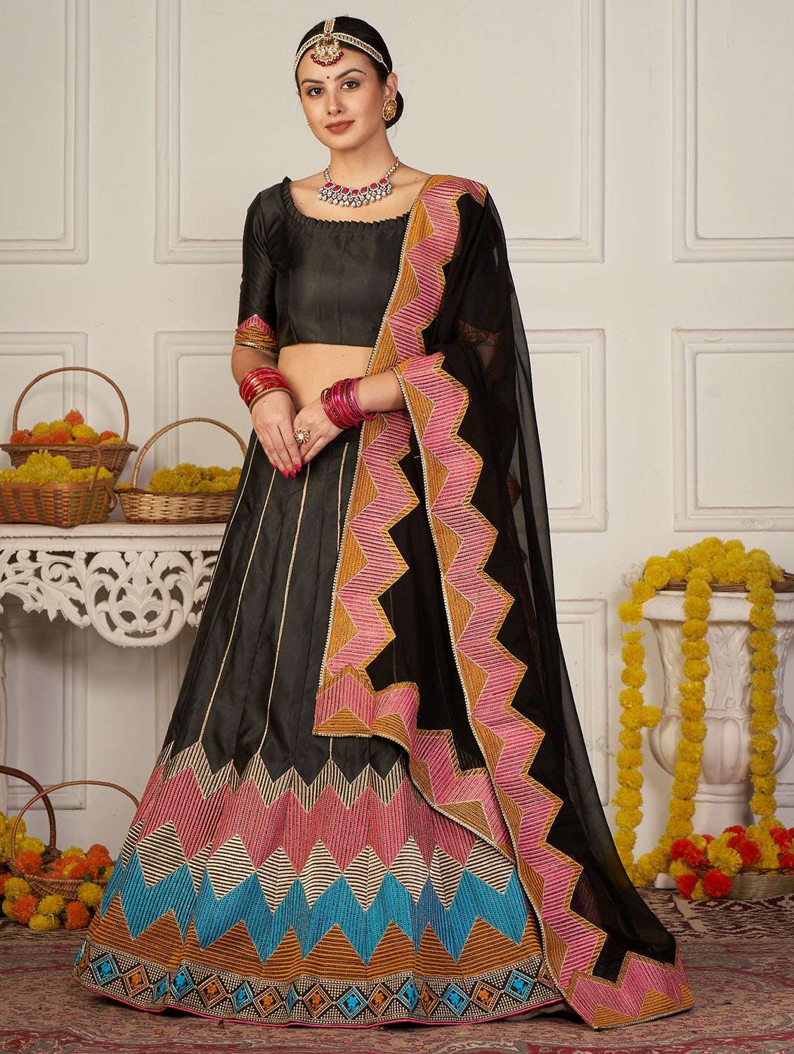 women flared semi-stitched lehnga
