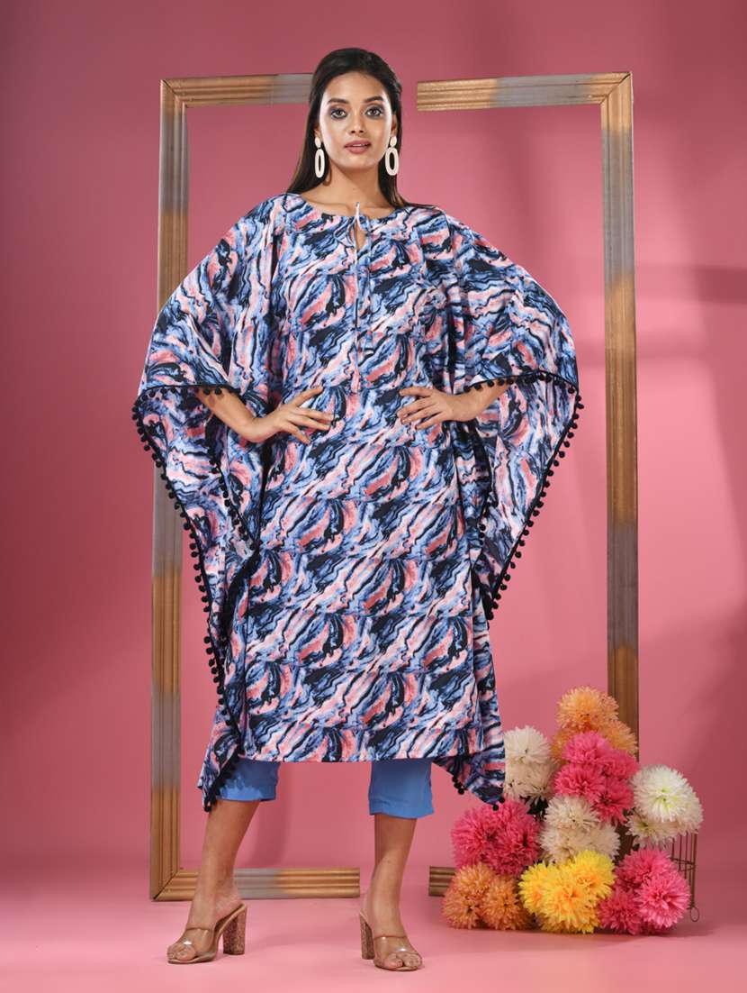 women printed tie-up neck kaftan set