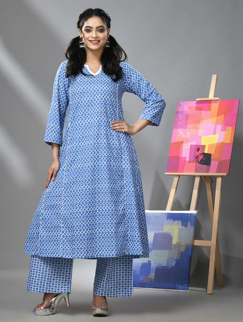 women light blue printed kurta palazzo set