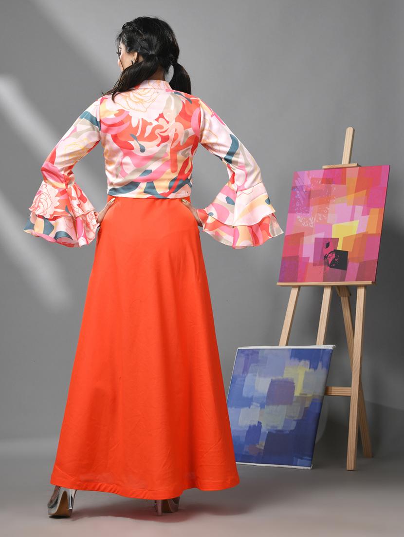 orange solids fit & flare dress with crop top - 20970904 - Standard Image - 2