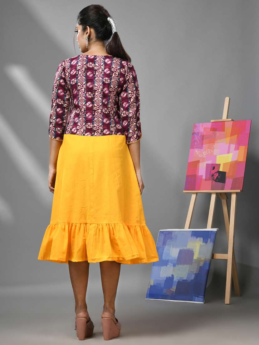 yellow solids fit & flared dress with shrug - 20970909 - Standard Image - 2