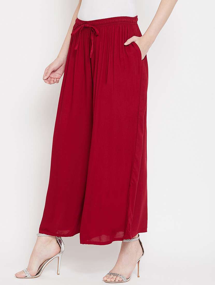 solid maroon flared detailed palazzo - 20972063 -  Standard Image - 2
