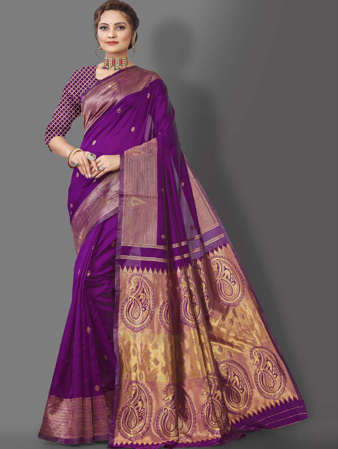 women purple self design kanjivaram saree with blouse