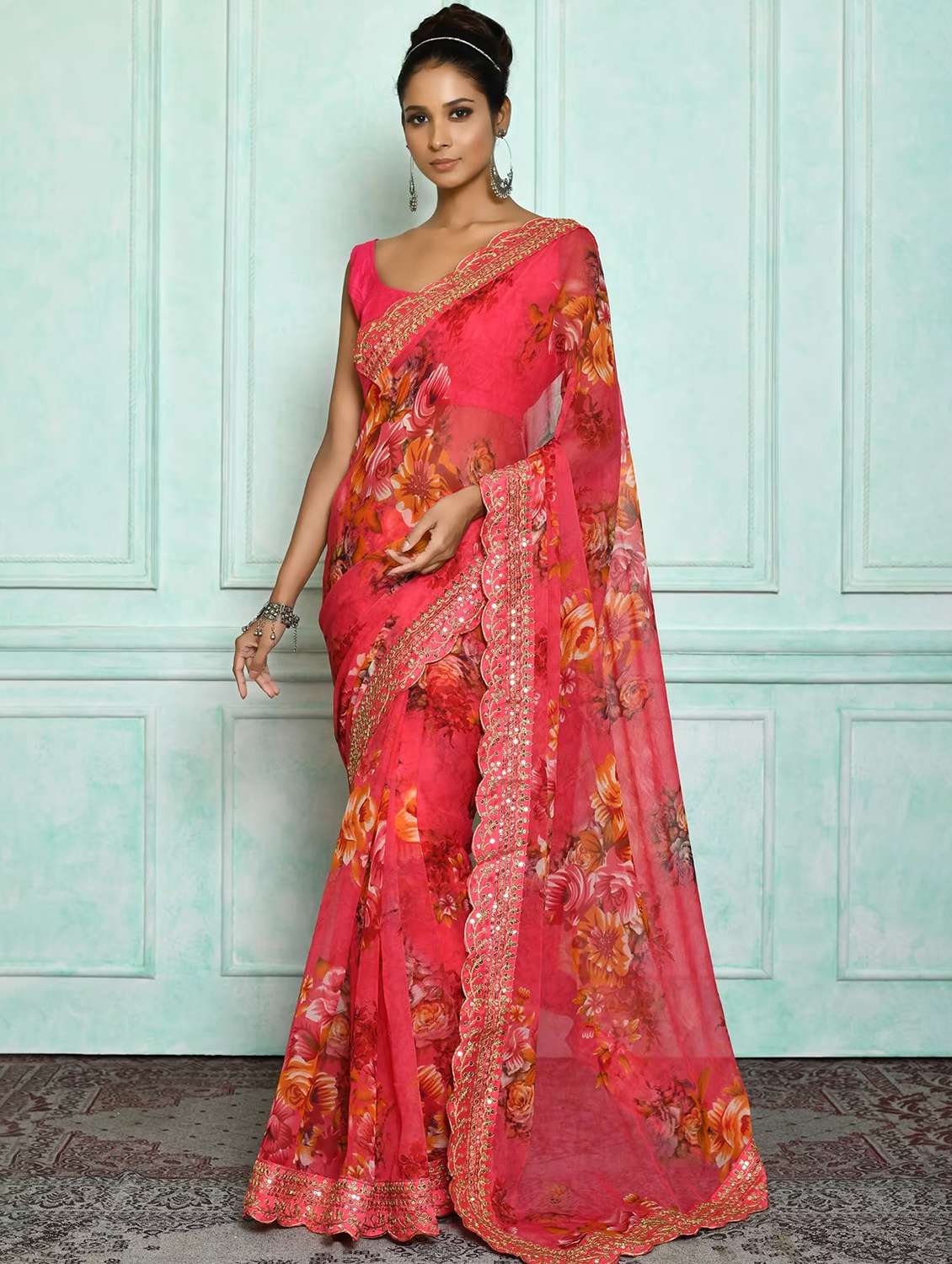 pink floral printed saree with blouse