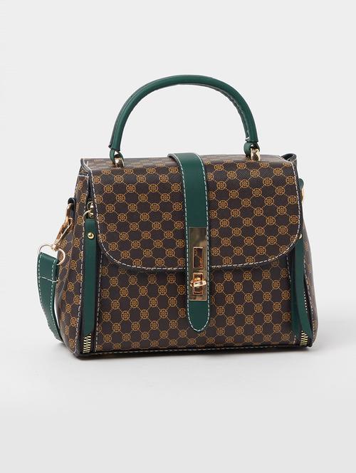 brown checkered handbag with green accents & gold detailing - 20977371 - Standard Image - 0
