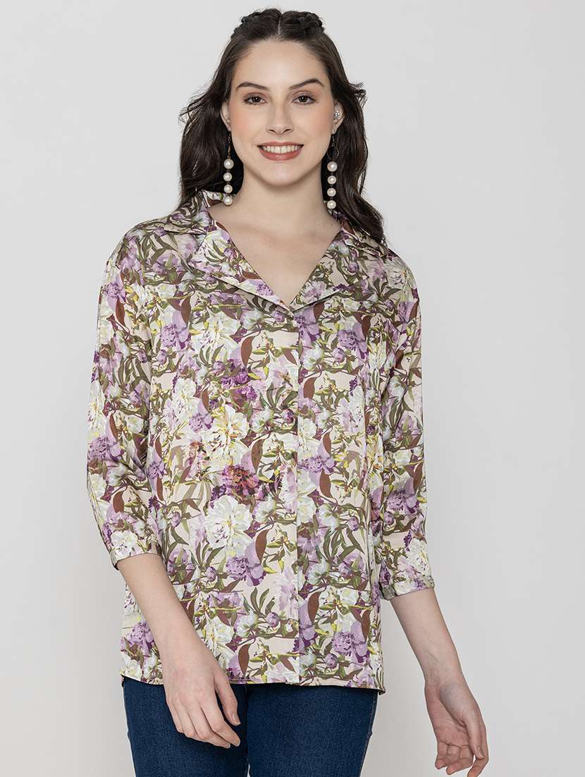 women purple floral printed lapel collar top