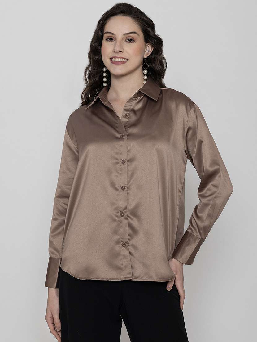 coffee brown satin plain shirt