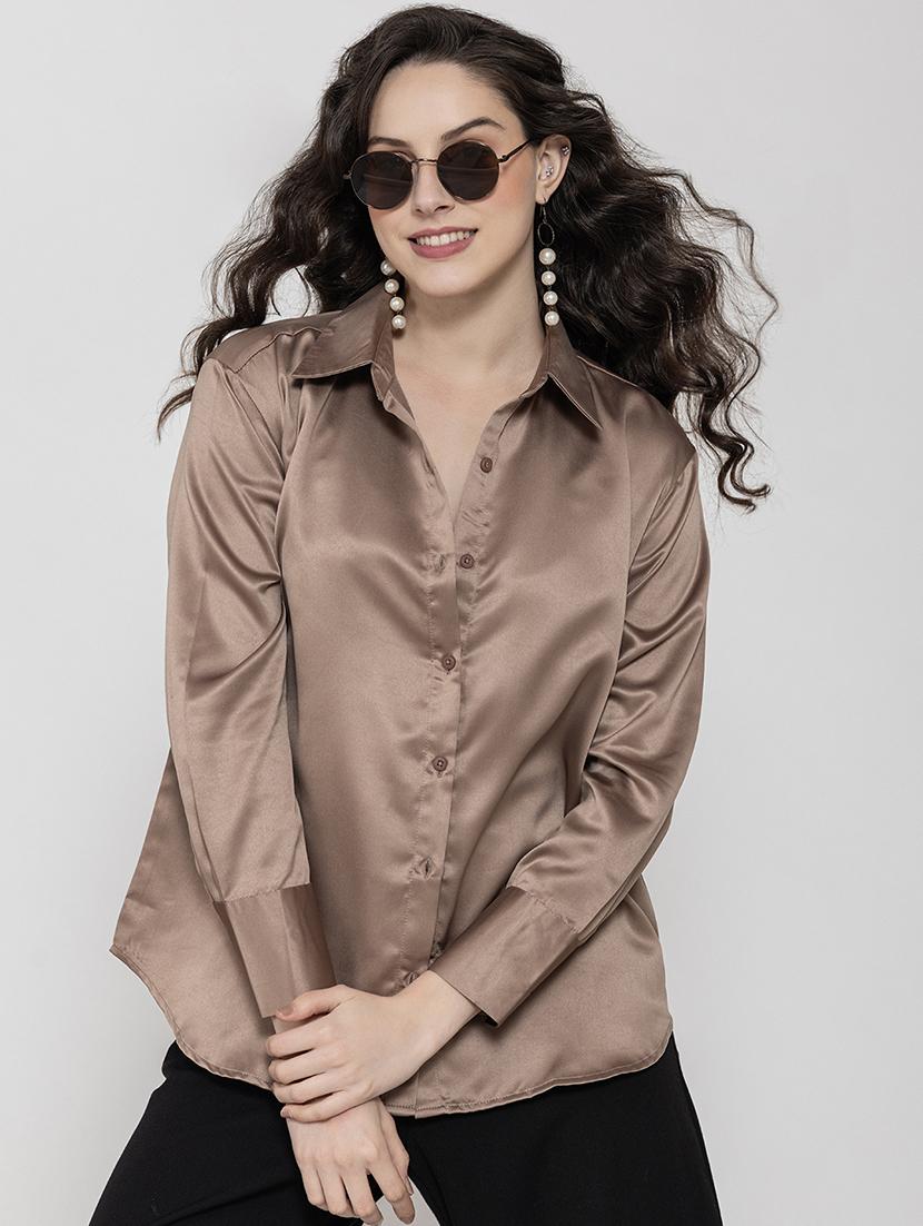 coffee brown satin plain shirt - 20982217 - Standard Image - 2