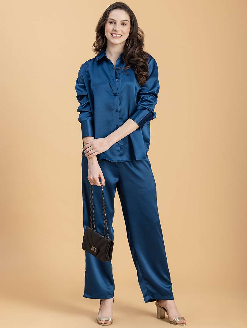 women solid shirt and trouser co-ord set