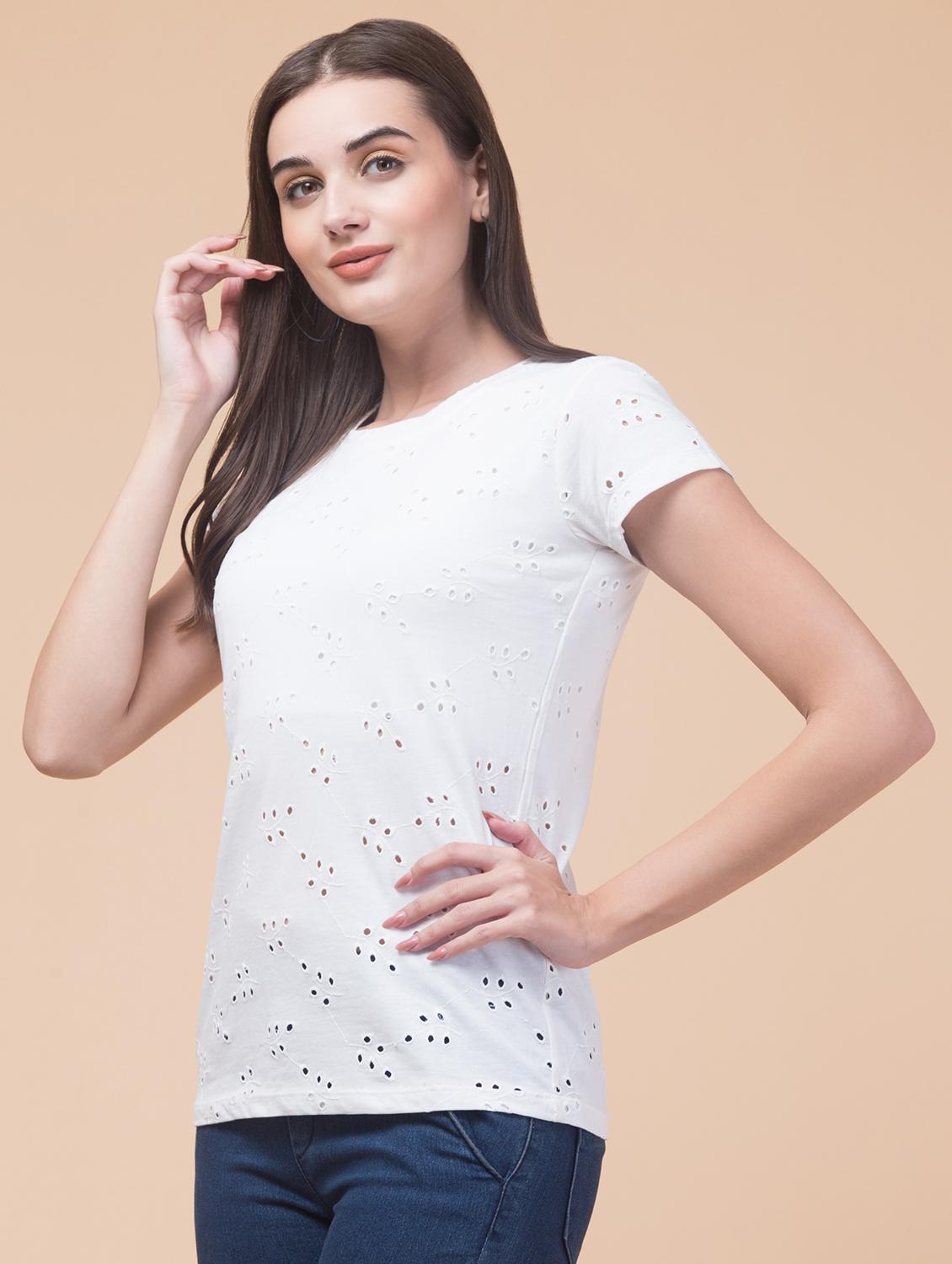 women schiffli cotton t-shirt - 20982403 - Standard Image - 2