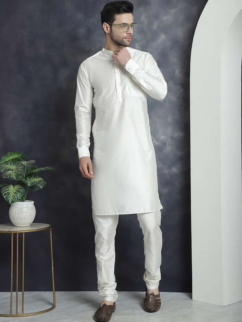 white silk blend kurta pyjama ethnic wear set