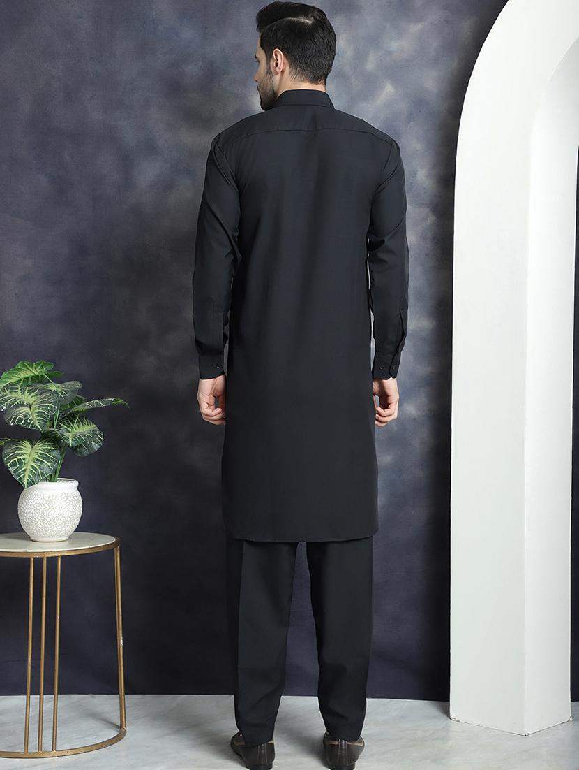 black cotton blend kurta pyjama ethnic wear set - 20982488 - Standard Image - 2