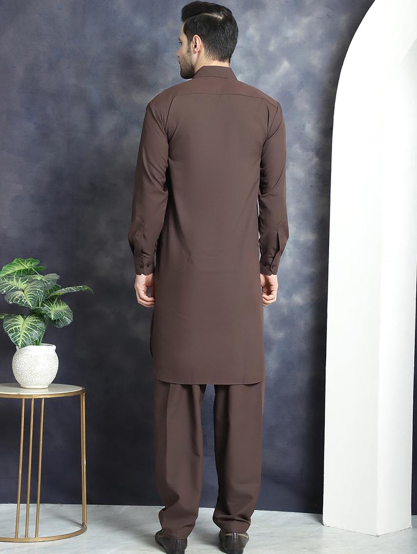 coffee cotton blend kurta pyjama ethnic wear set - 20982489 - Standard Image - 2