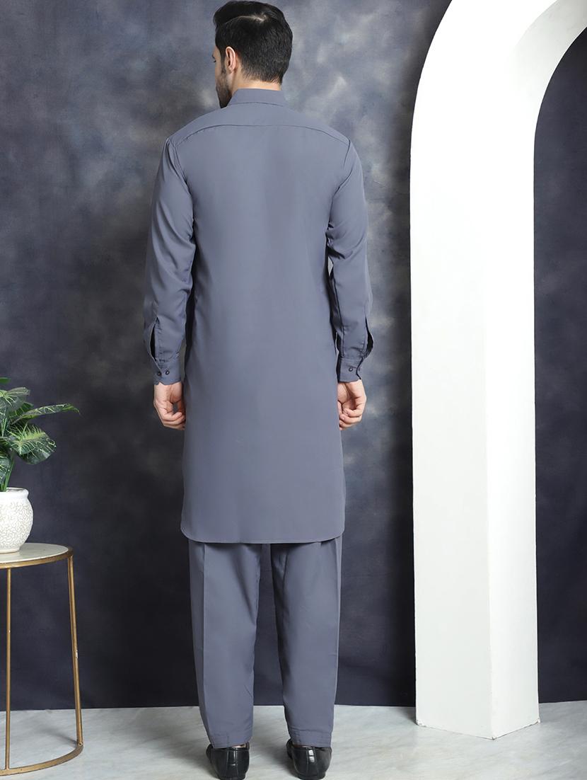 grey cotton blend kurta pyjama ethnic wear set - 20982491 - Standard Image - 2