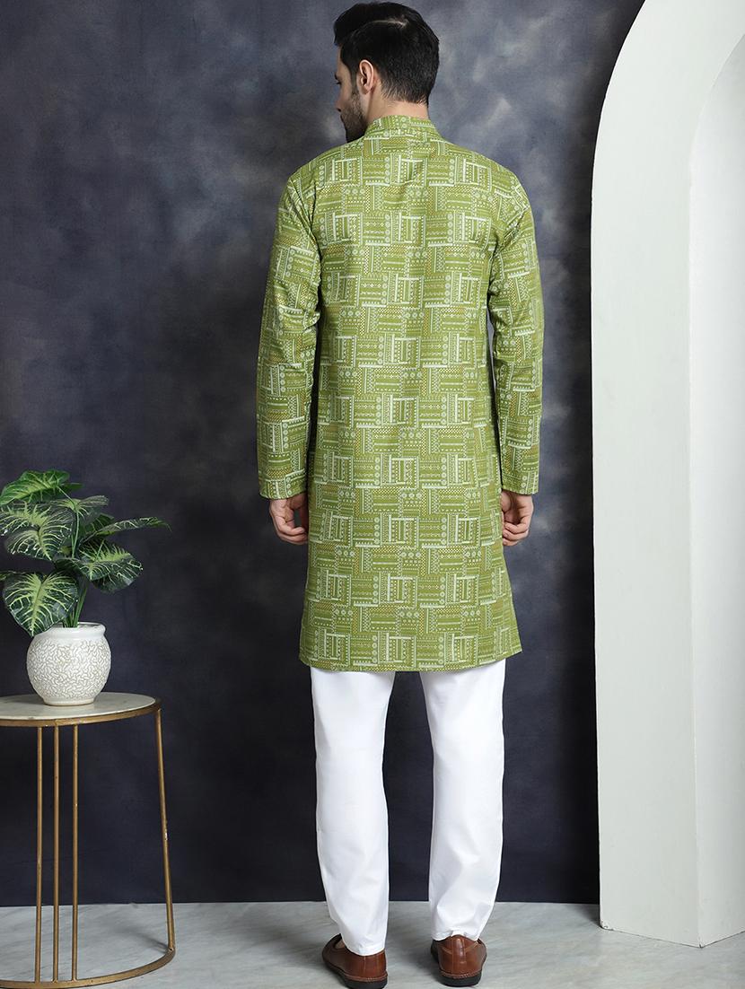 olive cotton blend kurta pyjama ethnic wear set - 20982505 - Standard Image - 2