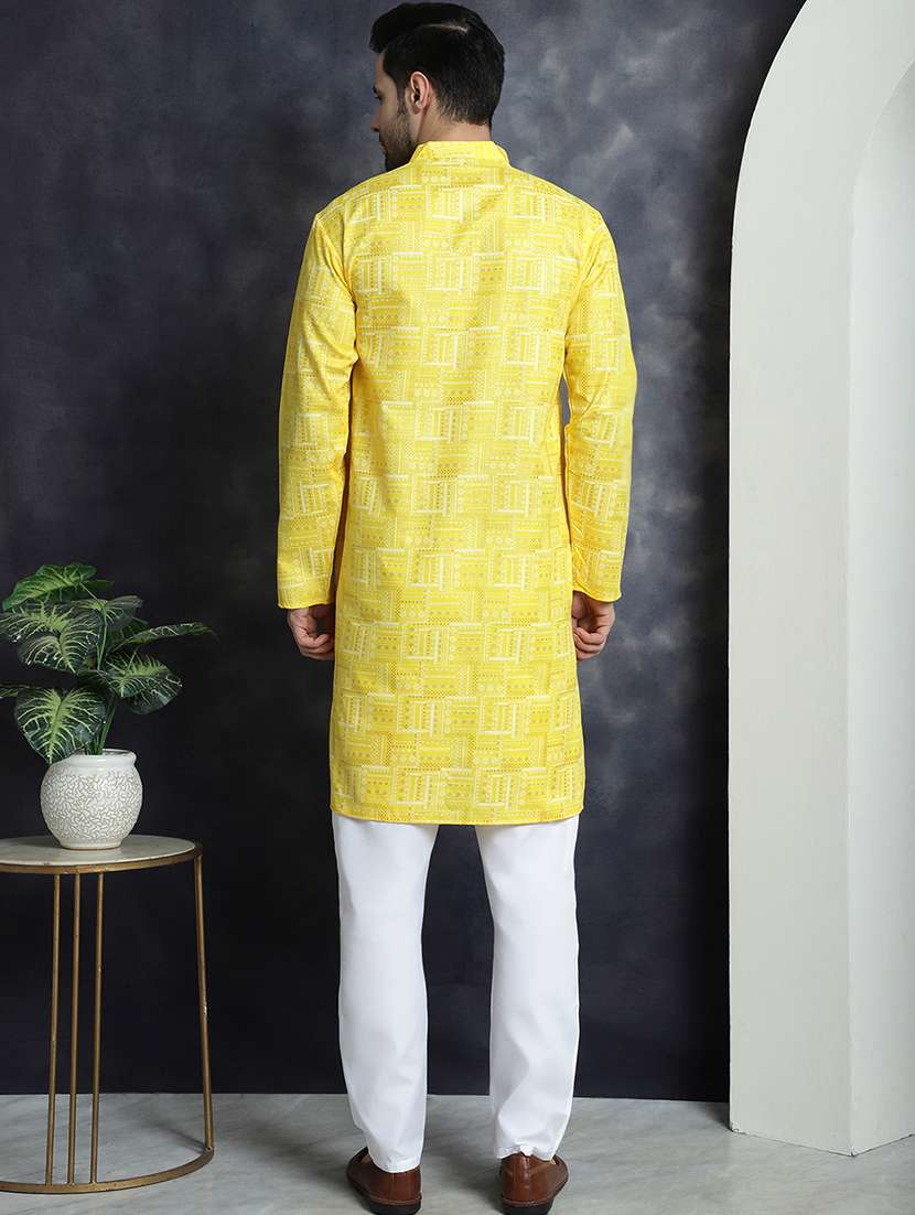 yellow cotton blend kurta pyjama ethnic wear set - 20982508 - Standard Image - 2