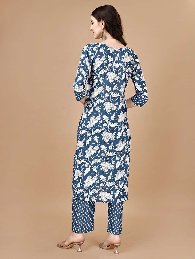 women blue round neck kurta pant set - 20982528 -  Standard Image - 2