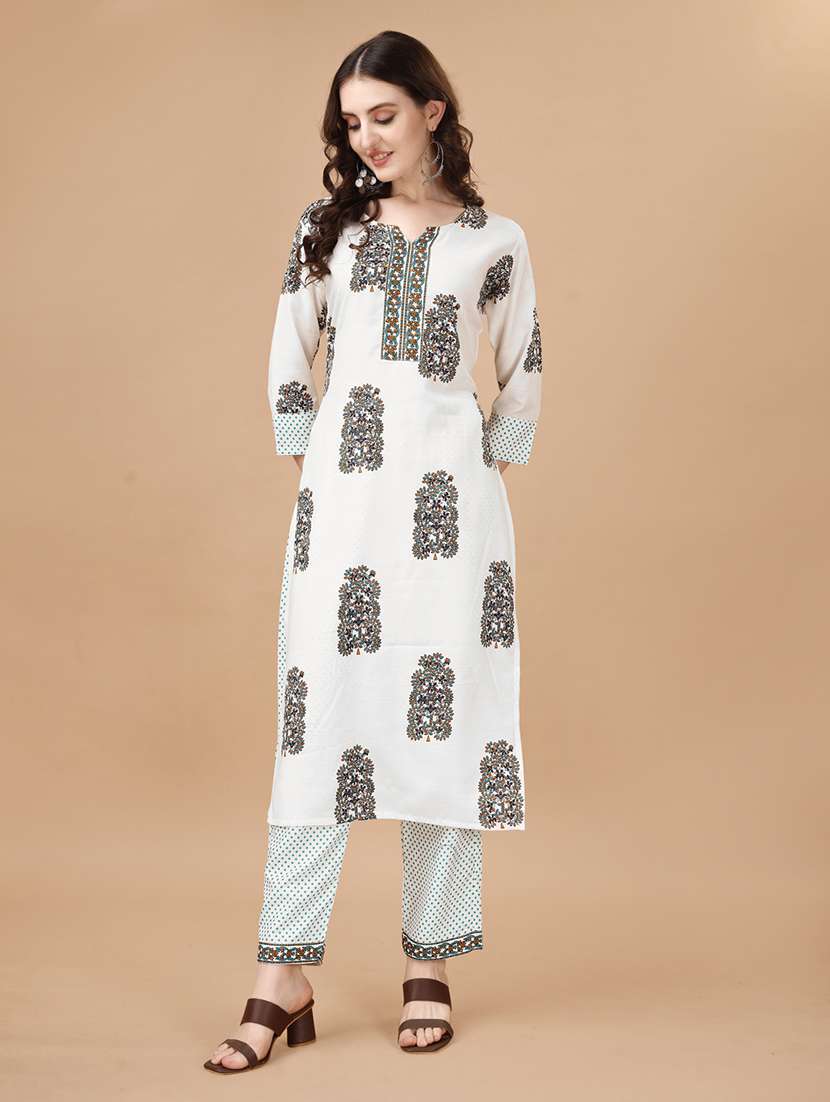 women white notch neck kurta pant set 